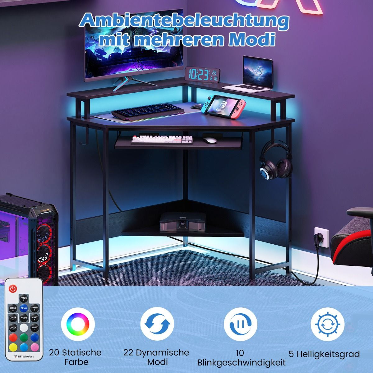 Eckschreibtisch Mit Ladestation & LED & Tastaturablage & Monitorständer Gamingtisch Schwarz