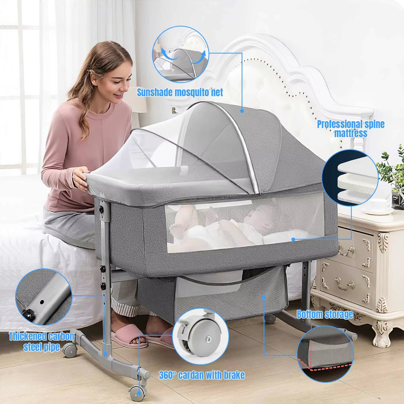 Baby Crib 3 in 1 Baby Bed Bedside Crib Baby Playpen 0-3 Years Child Multi-Function Folding and Lifting with Mosquito Net & Wheel