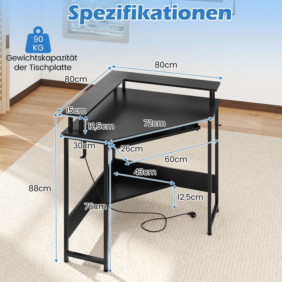 Eckschreibtisch Mit Ladestation & LED & Tastaturablage & Monitorständer Gamingtisch Schwarz