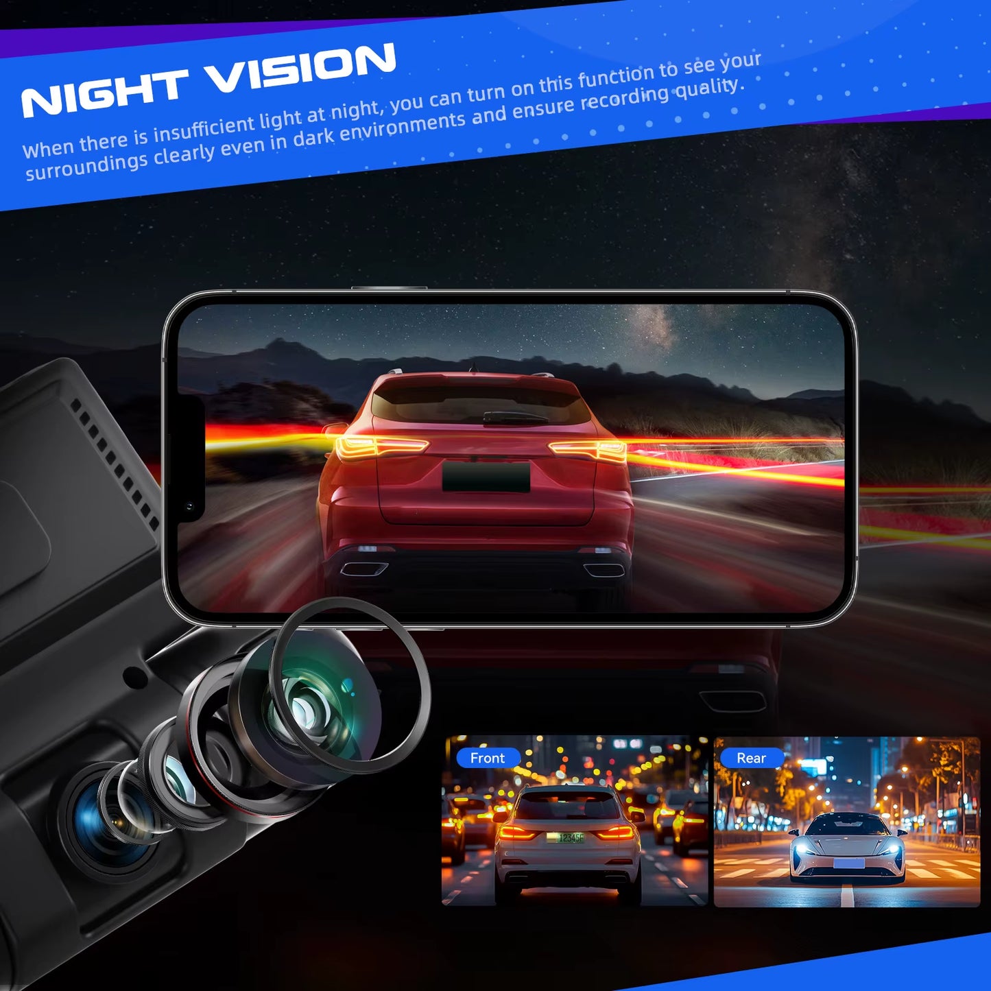 3Inch 2K Car Dash Cam Car DVR 4 Lenses Recorder Driving Recorder with Gravity Sensor Night Vision Motion Detection