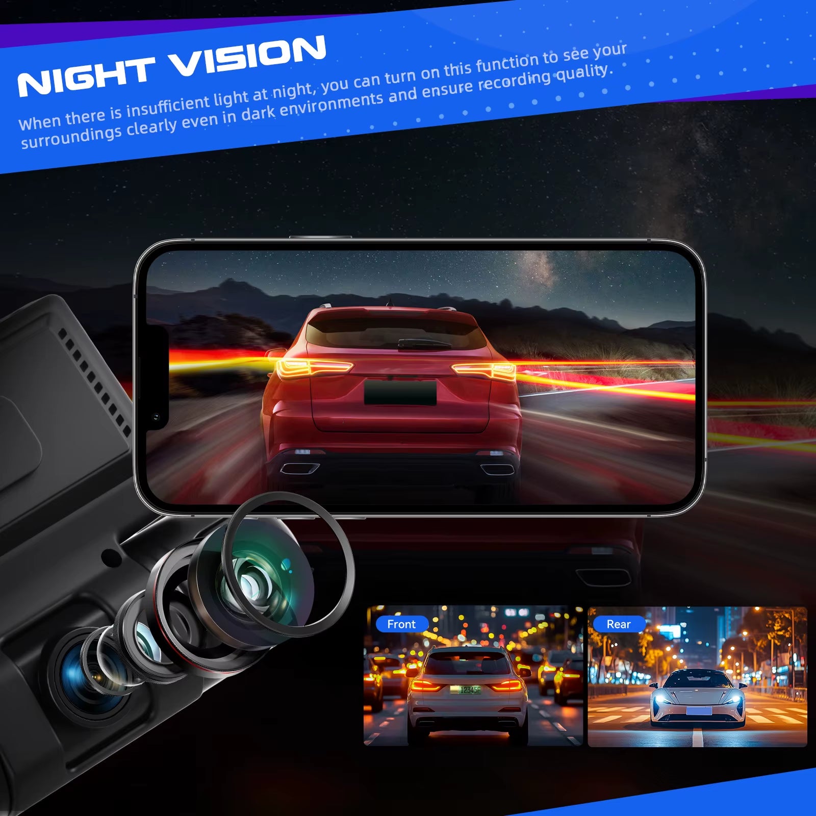 3Inch 2K Car Dash Cam Car DVR 4 Lenses Recorder Driving Recorder with Gravity Sensor Night Vision Motion Detection