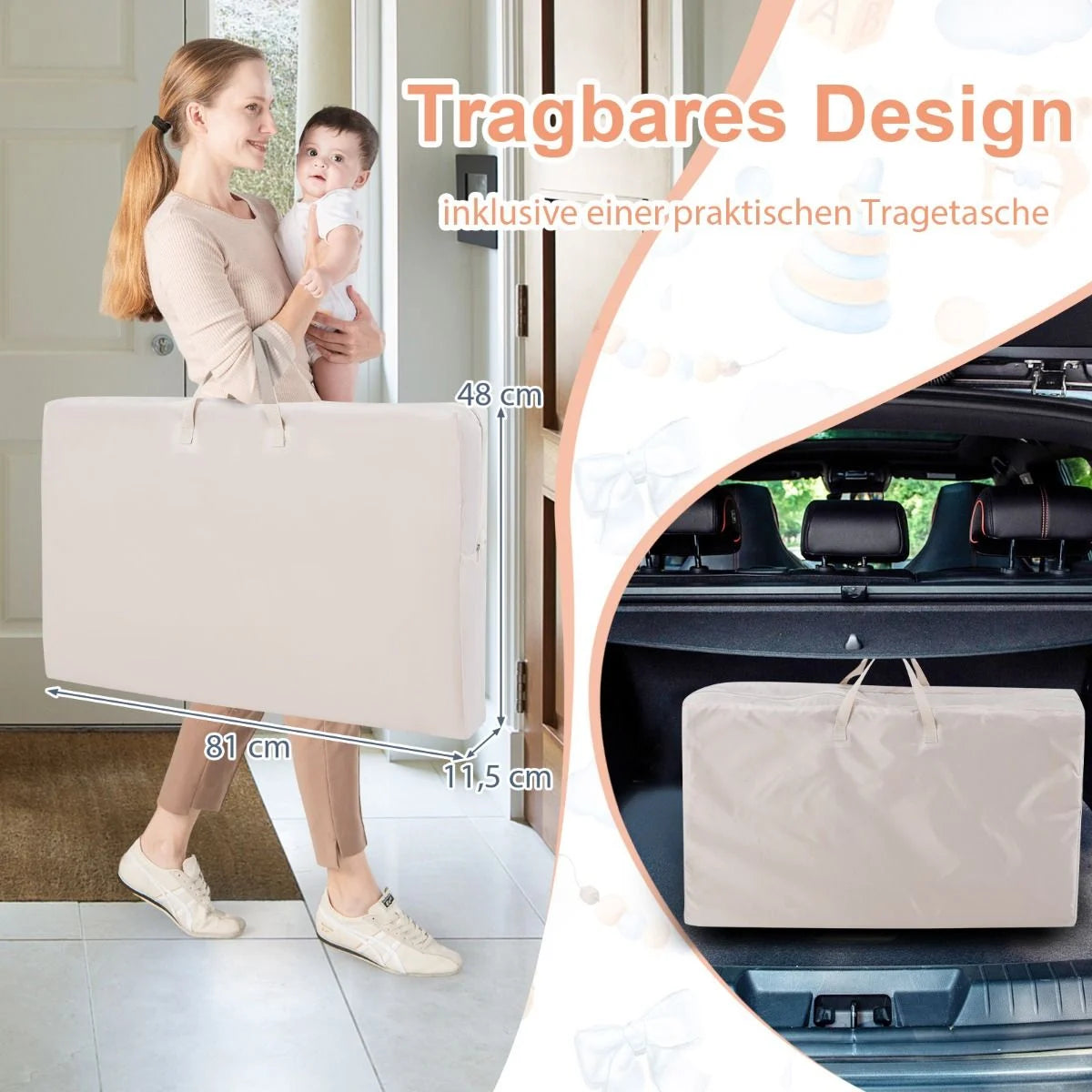 3 in 1 Babybett & Babywiege & Kinderbett Mit Matratze Beistellbett Mit Tragetasche Stubenwagen