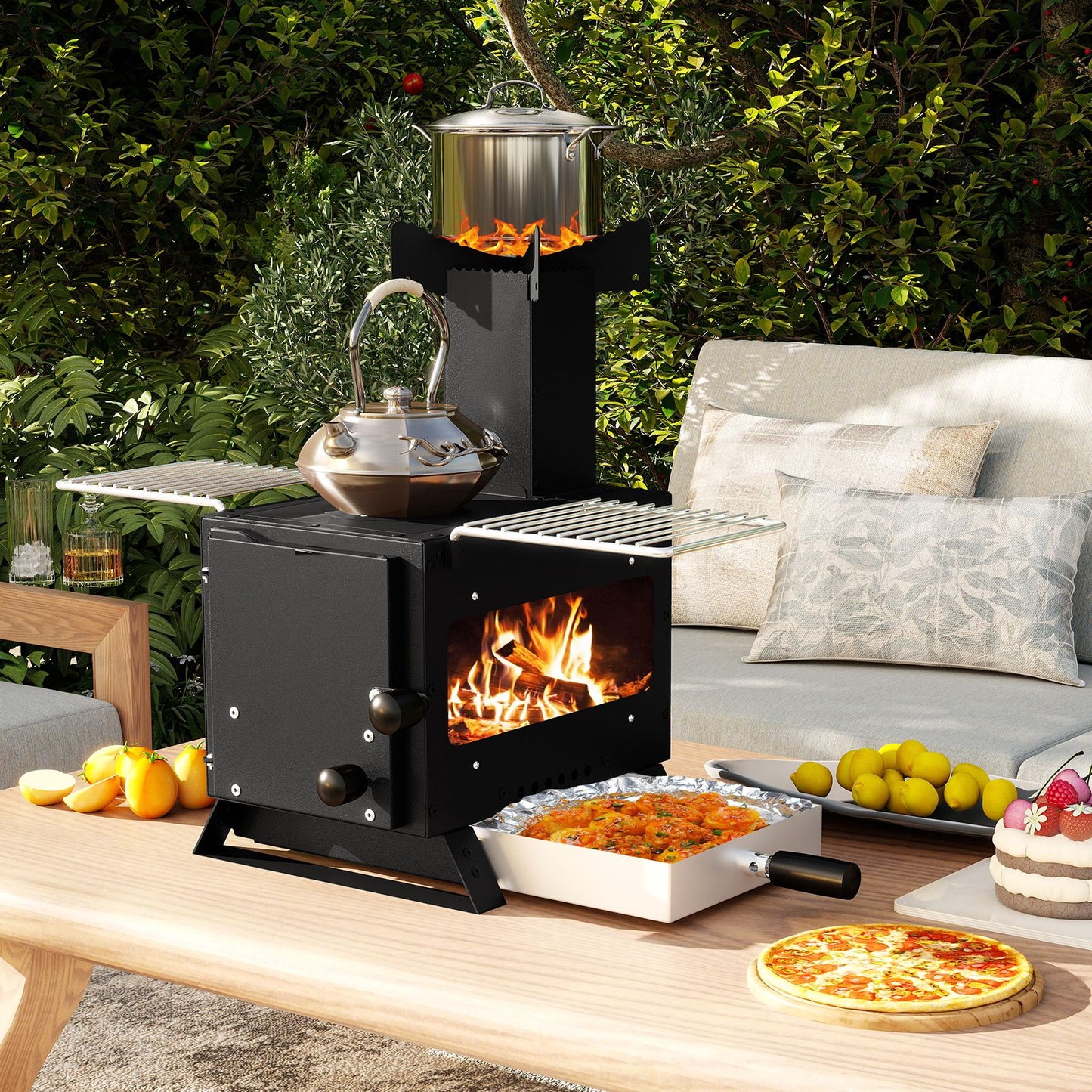 Gartenofen Zum Kochen Campingofen Mit Topfgestell & Ofenpfanne & 2 Grills Holzofen Mit Sichtfenster
