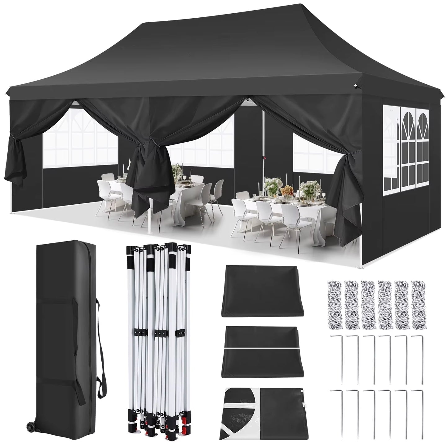 Pavilion Popup Gazebo 3X6M Waterproof Folding Gazebo Tent Party Tent with 6 Side Panels UV 50+ Height Adjustable 2-3M