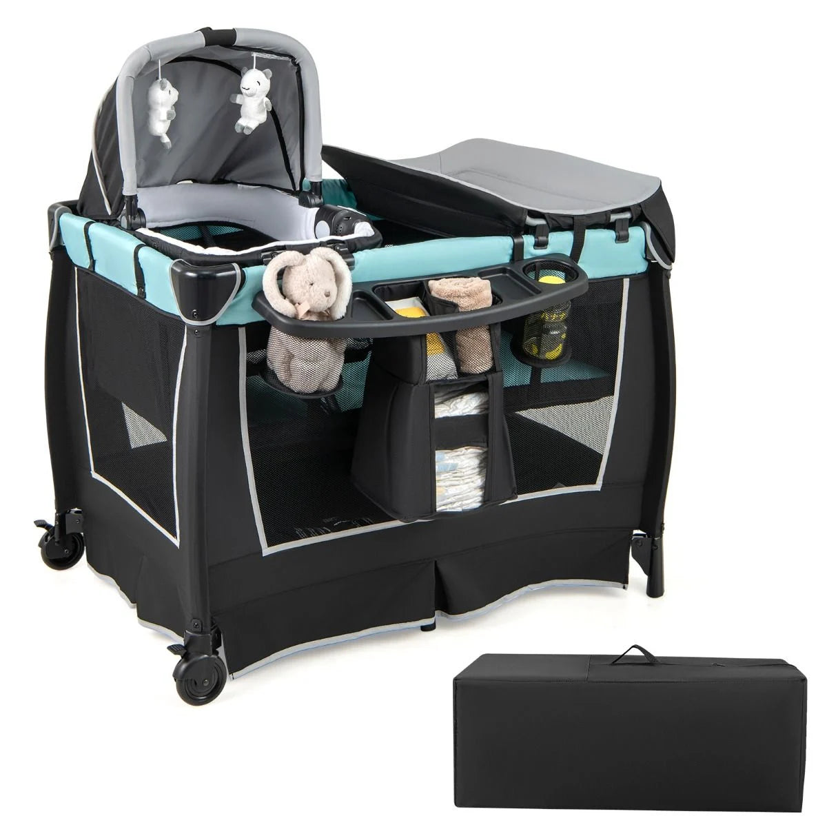 6-In-1 Baby Reisebett Tragbarer Baby-Laufstall Mit Schaukelwiege Wickeltisch Grün/Grau