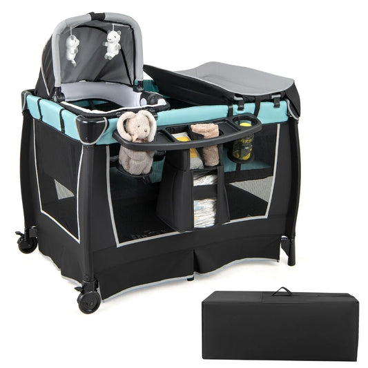 6-In-1 Baby Reisebett Tragbarer Baby-Laufstall Mit Schaukelwiege Wickeltisch Grün/Grau