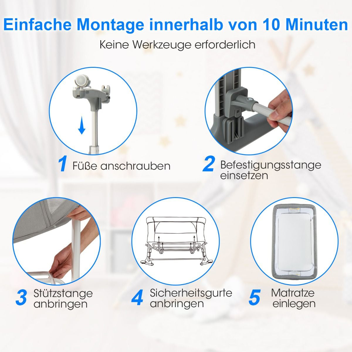 3 in 1 Babybett & Babywiege & Kinderbett Mit Matratze Beistellbett Mit Tragetasche Stubenwagen