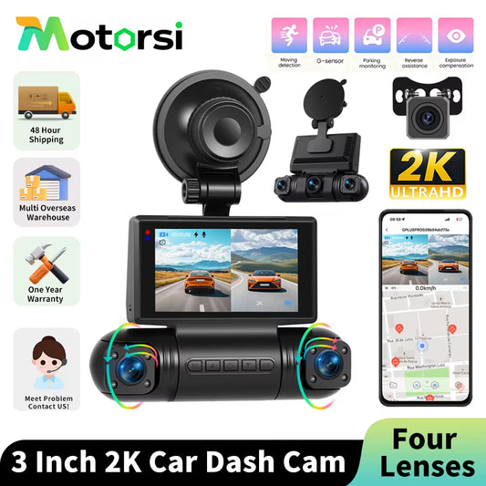 3Inch 2K Car Dash Cam Car DVR 4 Lenses Recorder Driving Recorder with Gravity Sensor Night Vision Motion Detection