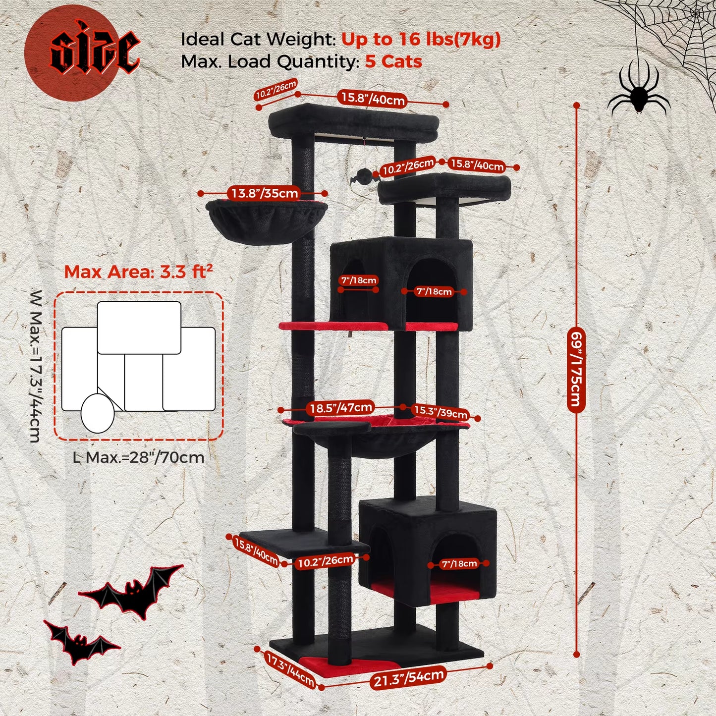 Tall Cat Tree for Indoor Cats Big Cat Tower with Super Large Hammock Cat Climbing Tree with Scratching Posts Condo House Black