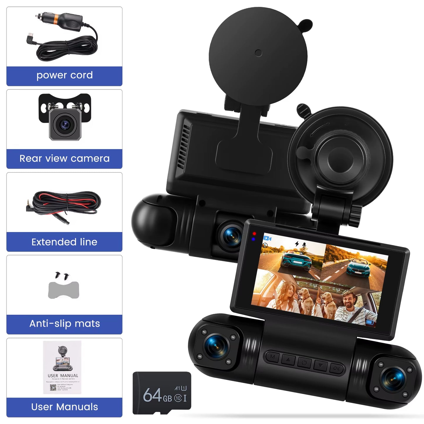 3Inch 2K Car Dash Cam Car DVR 4 Lenses Recorder Driving Recorder with Gravity Sensor Night Vision Motion Detection