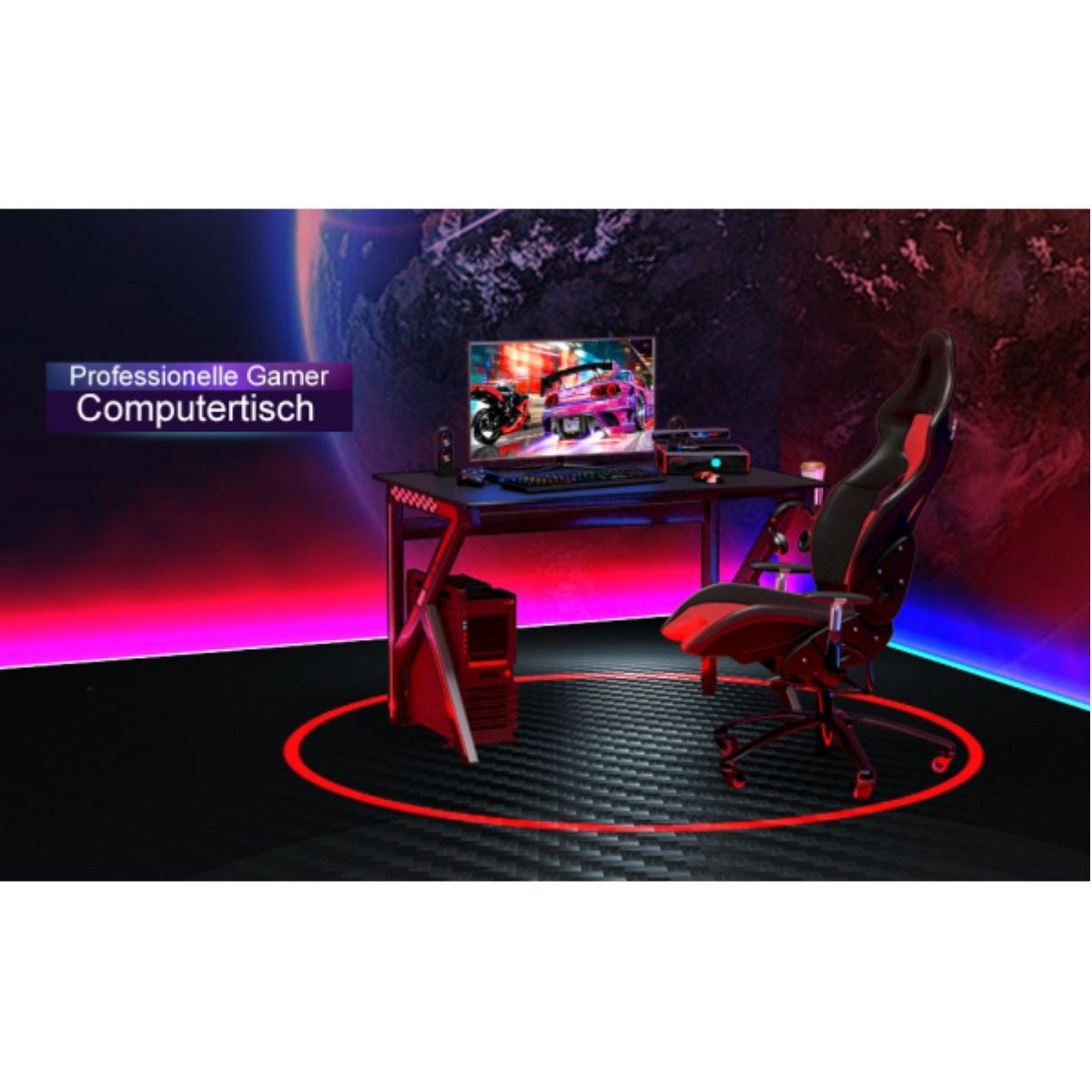 K-Förmiger Gamingtisch Mit Kopfhörerhaken Tassenhalter Und Kabelmanagement Ergonomischer Computertisch Schwarz