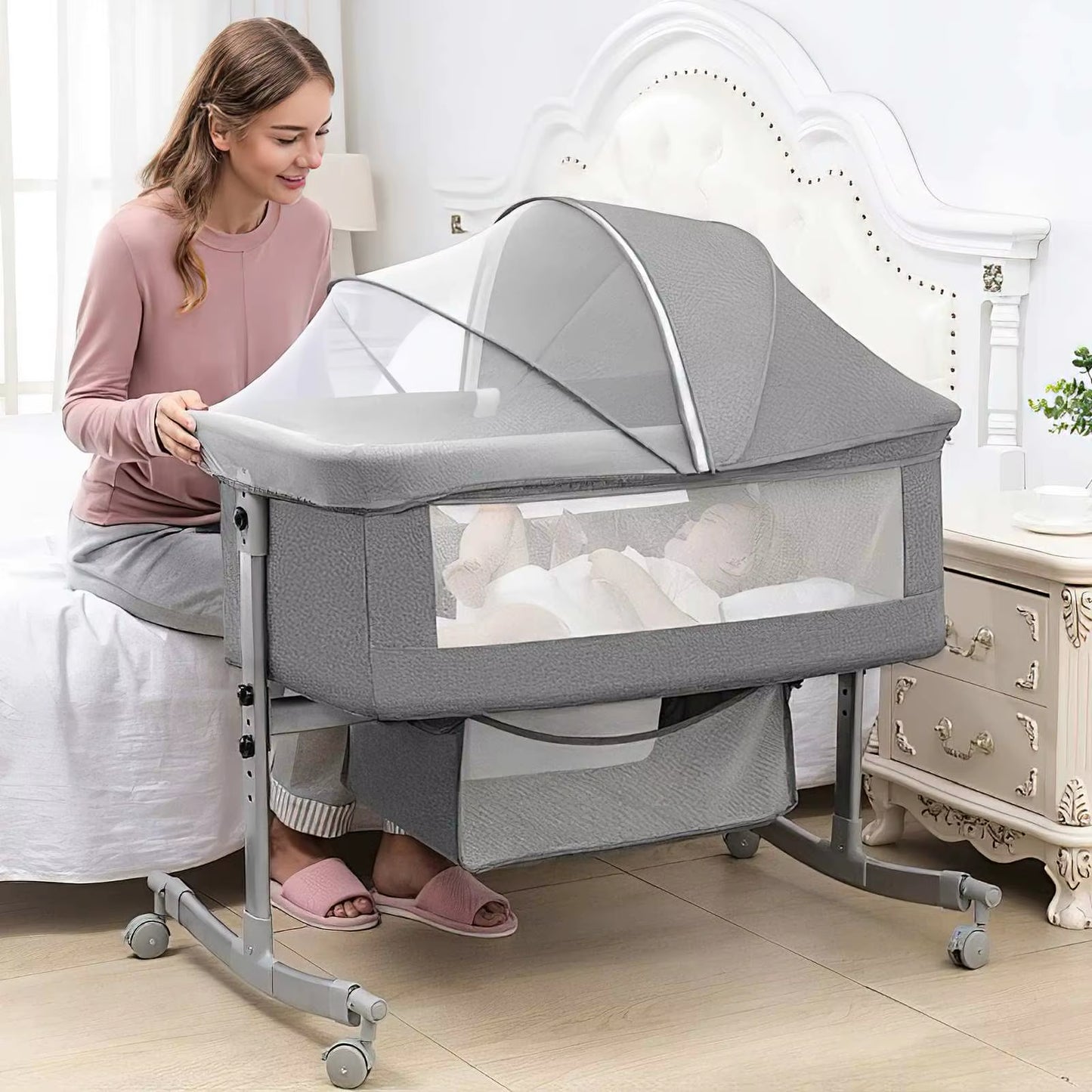 Baby Crib 3 in 1 Baby Bed Bedside Crib Baby Playpen 0-3 Years Child Multi-Function Folding and Lifting with Mosquito Net & Wheel