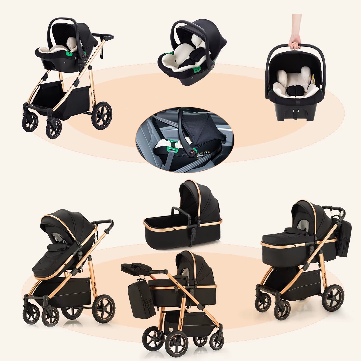 Baby Stroller 3 in 1 Easy Folding Multifunctional Stroller Travel Portable Baby Carriage Safety Seat EU Standard