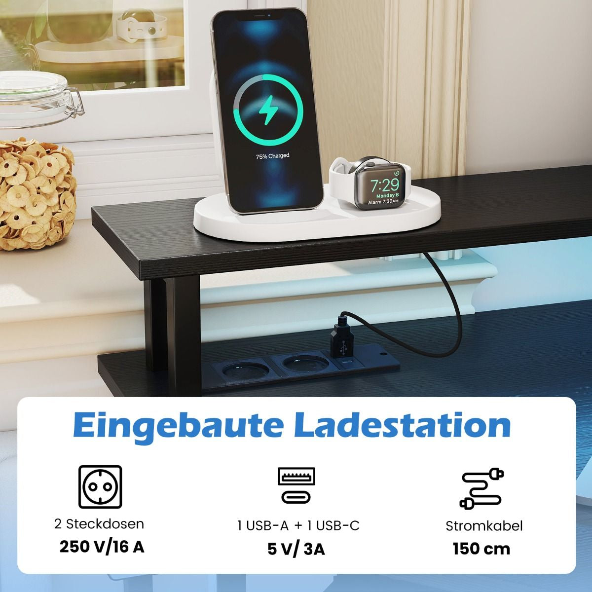 Eckschreibtisch Mit Ladestation & LED & Tastaturablage & Monitorständer Gamingtisch Schwarz